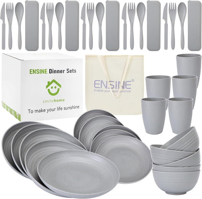 42pcs Plates and Bowls Set Grey Premium Plastic Camping Dinner Sets Carry Bag