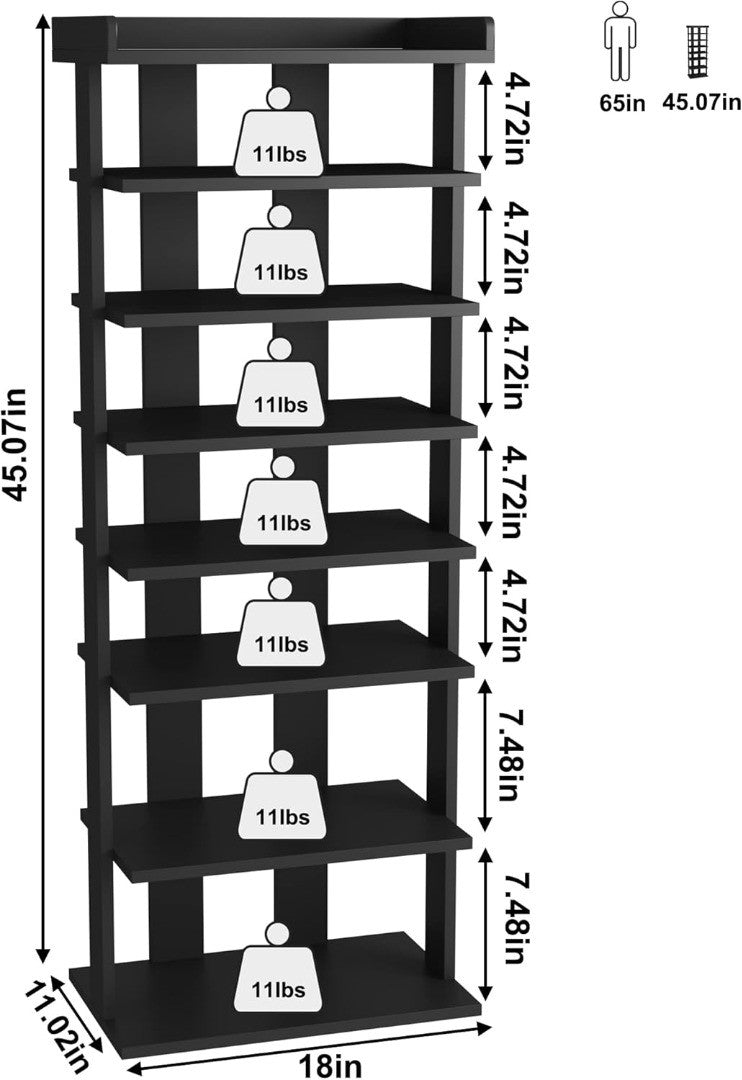 7-Tier Wood Shoe Rack, Double Rows, Black, 18" W x 11" D x 45" H