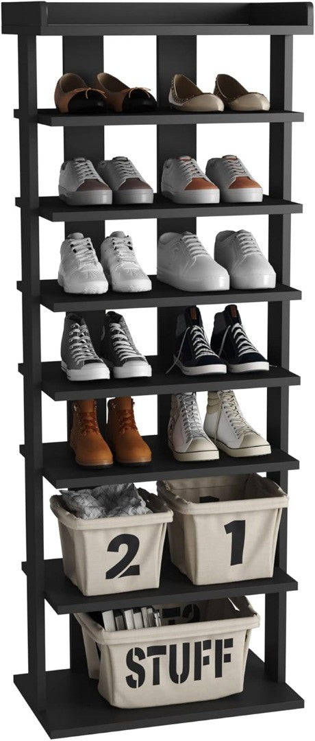 7-Tier Wood Shoe Rack, Double Rows, Black, 18" W x 11" D x 45" H