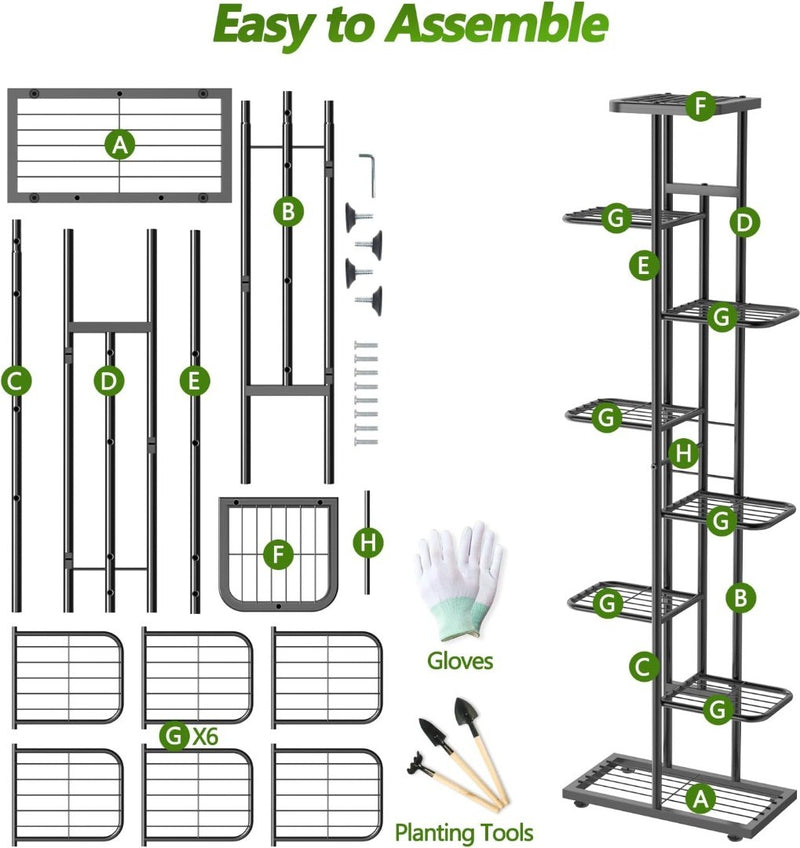 Metal Plant Stand - 8 Tier - Black - Outdoor Pot Holder - 141cm