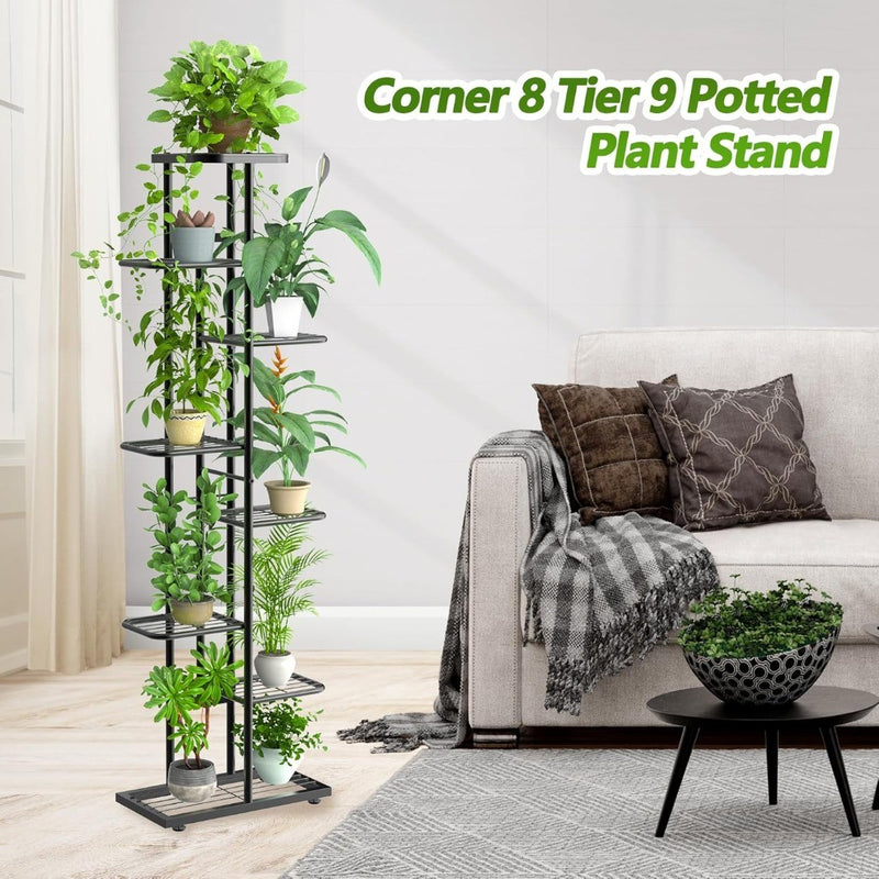 Metal Plant Stand - 8 Tier - Black - Outdoor Pot Holder - 141cm