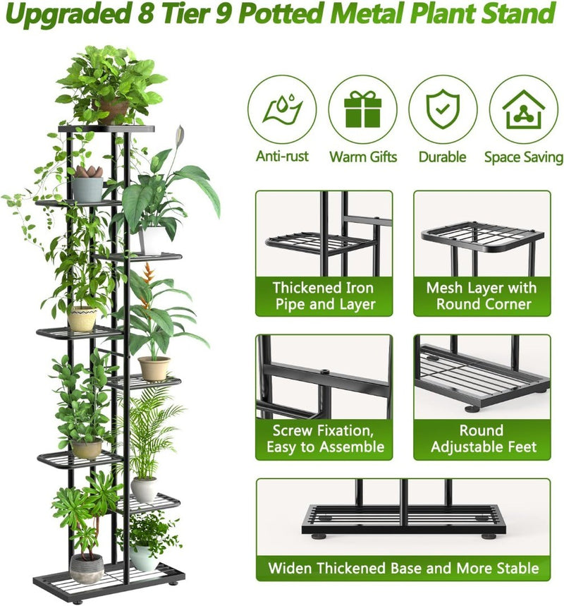 Metal Plant Stand - 8 Tier - Black - Outdoor Pot Holder - 141cm