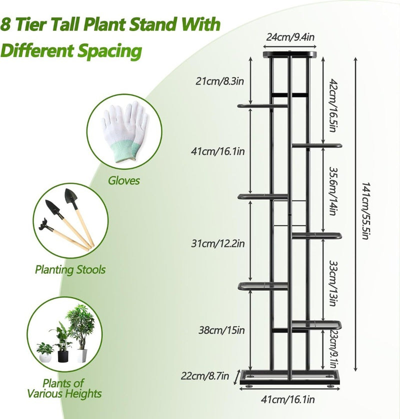 Metal Plant Stand - 8 Tier - Black - Outdoor Pot Holder - 141cm