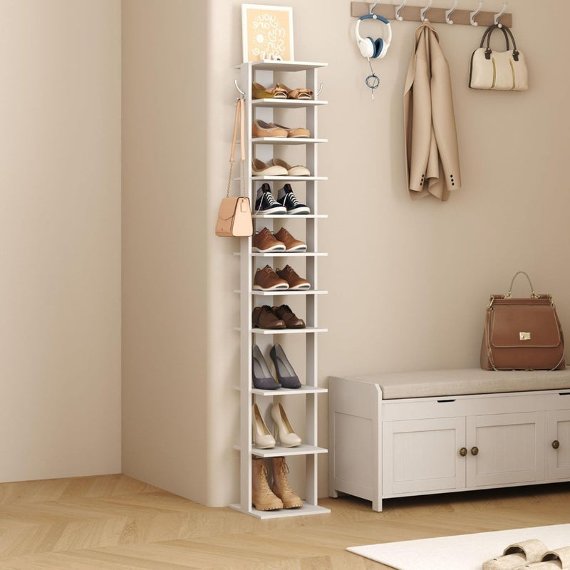 10-Tier Vertical Shoe Rack, Corner Wooden White