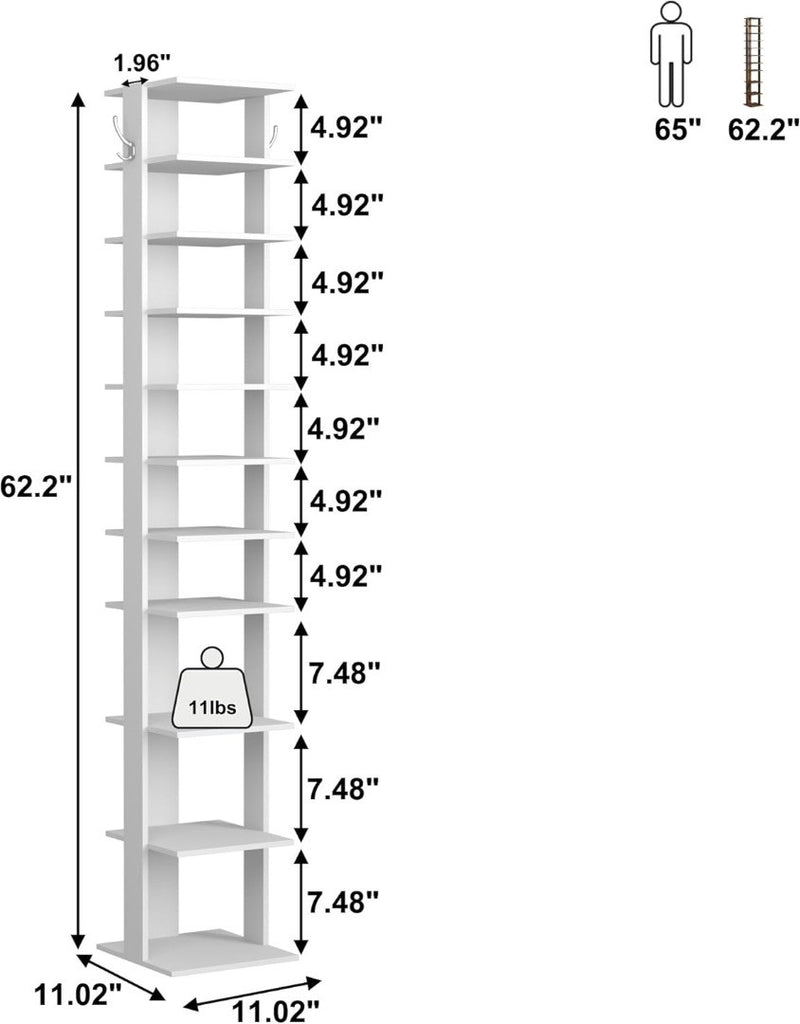 10-Tier Vertical Shoe Rack, Corner Wooden White