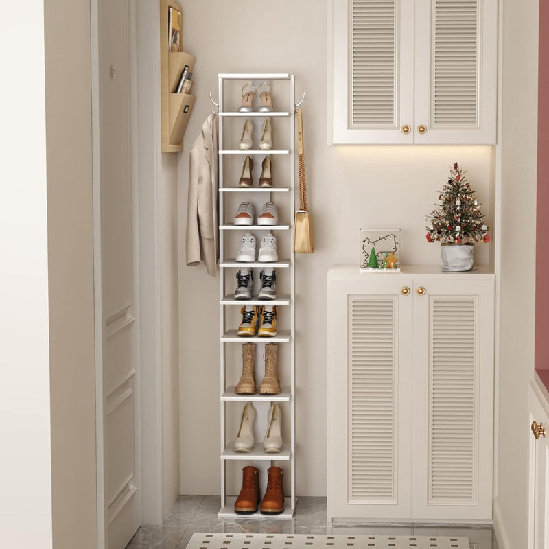 10-Tier Vertical Shoe Rack, Corner Wooden White