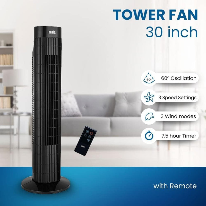 ANSIO Tower Fan 30-Inch with Remote - Bladeless Fan, Silent Cooling Fan for Bedr