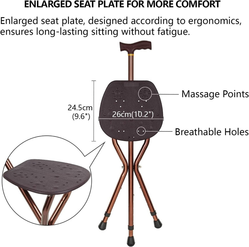 Walking Stick with Seat for Men 265 lbs Capacity, Large Seat Board Height Adjust