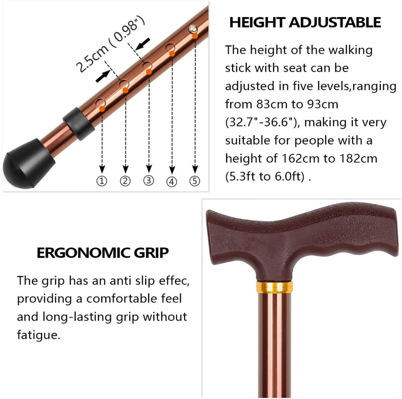 Walking Stick with Seat for Men 265 lbs Capacity, Large Seat Board Height Adjust