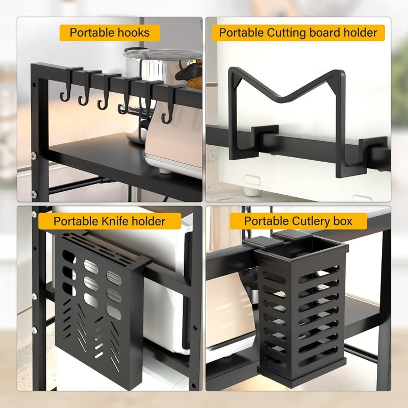 Extendable Microwave Stand Shelf - Hooks - Holder - Cutlery Box - for Counter