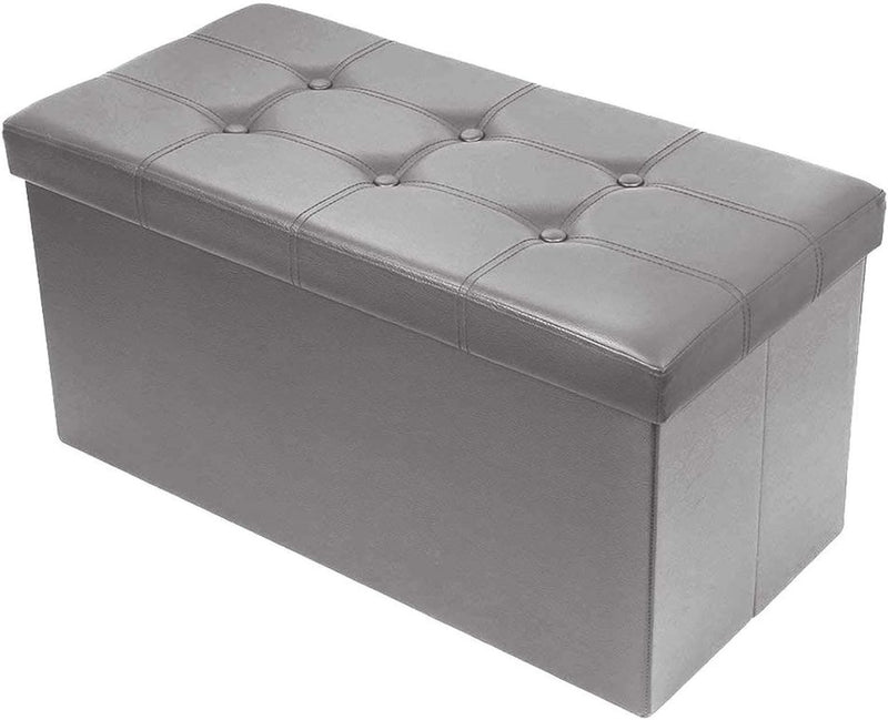 Folding Ottoman Storage Bench with Lid Foot Stool Grey Faux Leather