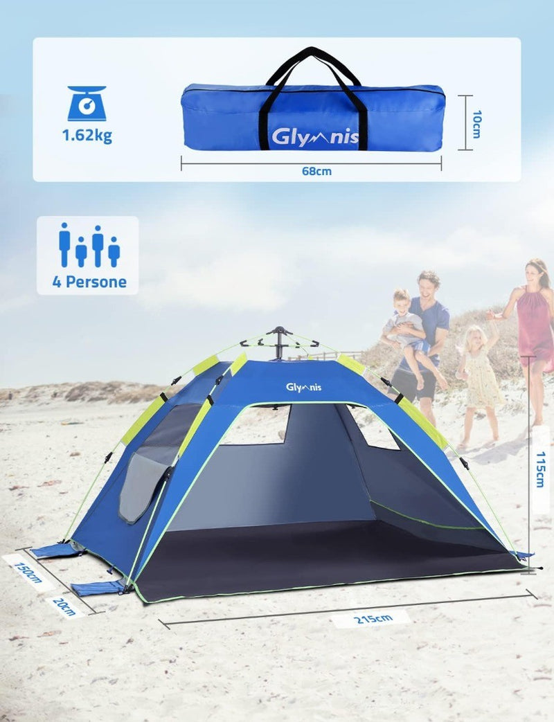 Quick Up Beach Tent Automatic Beach Tent with Zipper Door 50+ UV Protection Wind