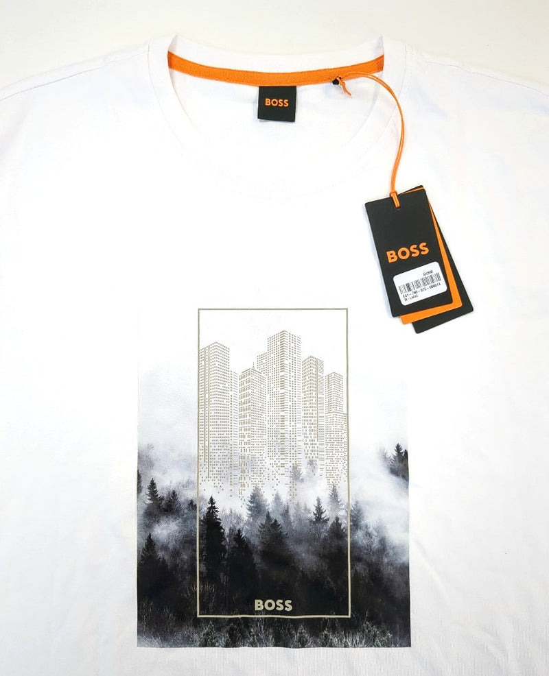 BOSS Men’s White Cotton T-Shirt Forest Print