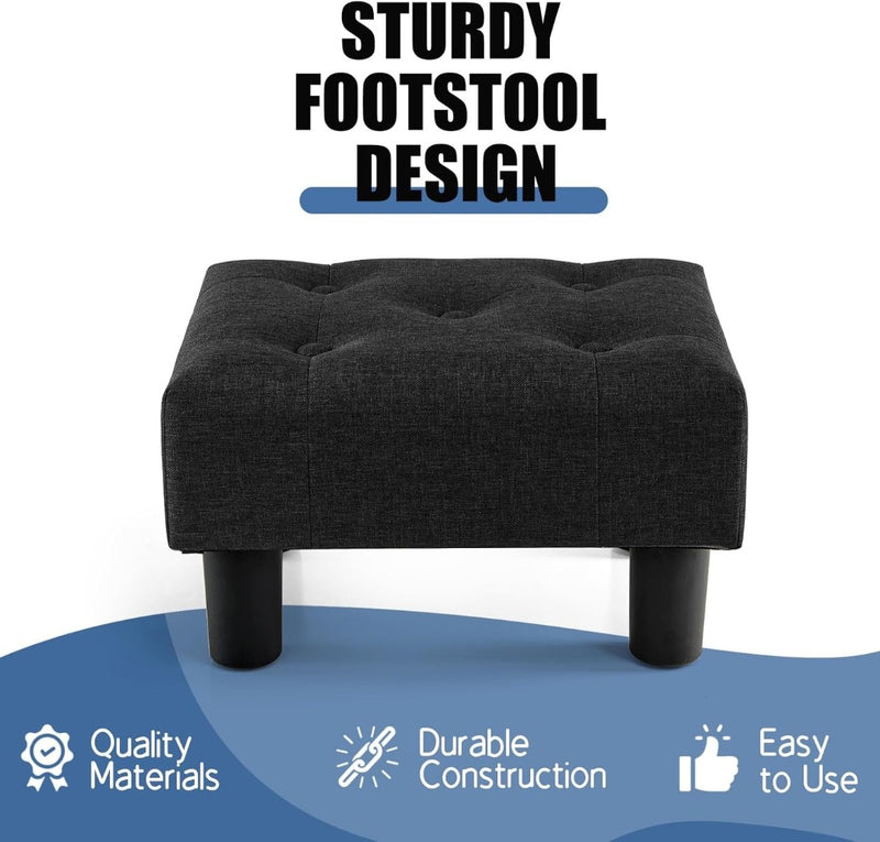 Small Footstool Ottoman - Linen Foot Stool Ottoman with Legs - Black