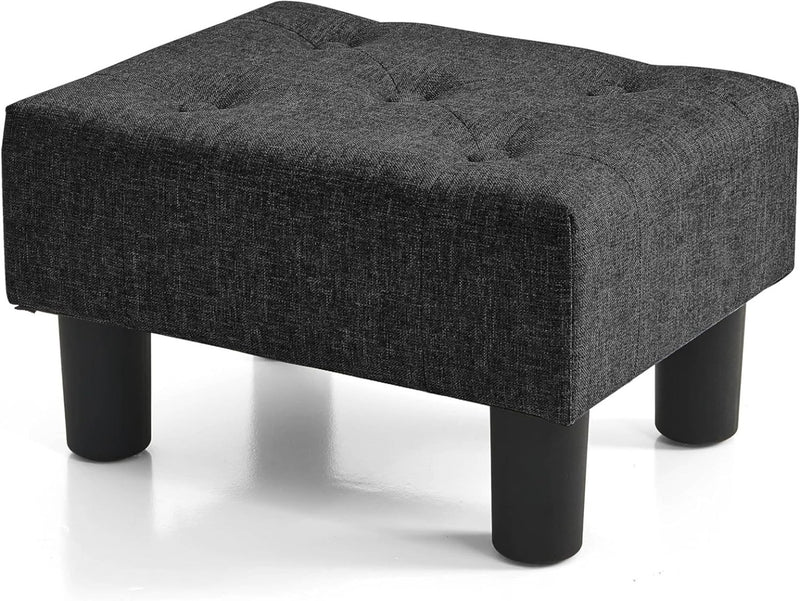 Small Footstool Ottoman - Linen Foot Stool Ottoman with Legs - Black