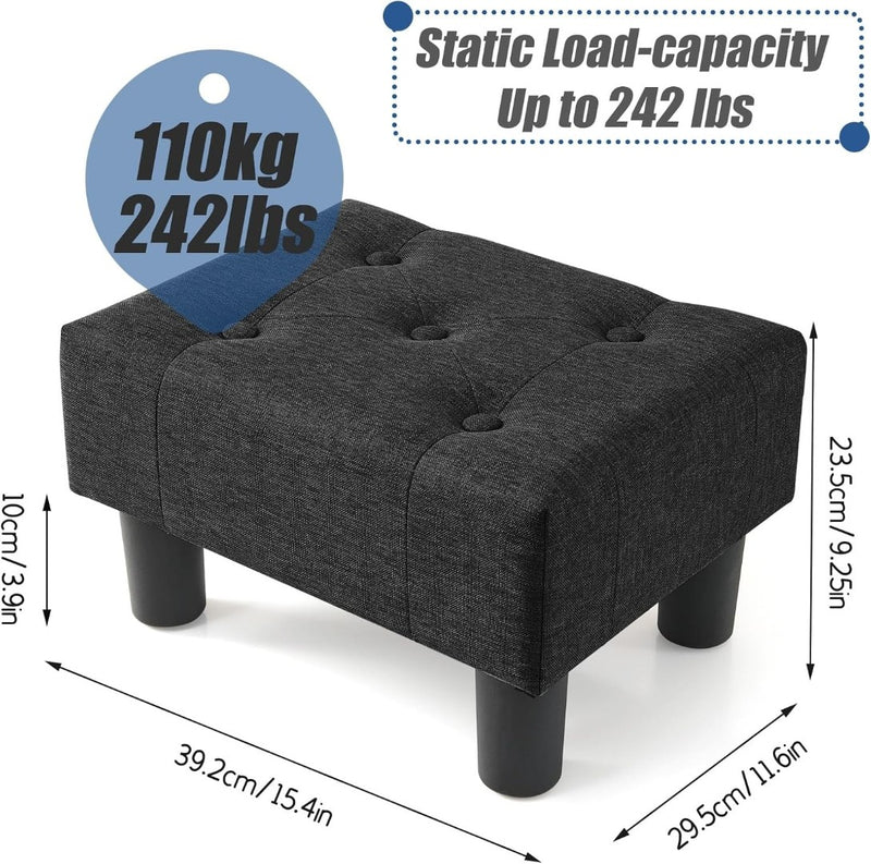 Small Footstool Ottoman - Linen Foot Stool Ottoman with Legs - Black