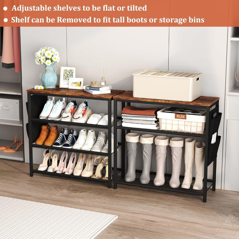 4-Tier Shoe Rack Adjustable Mesh Rustic Brown