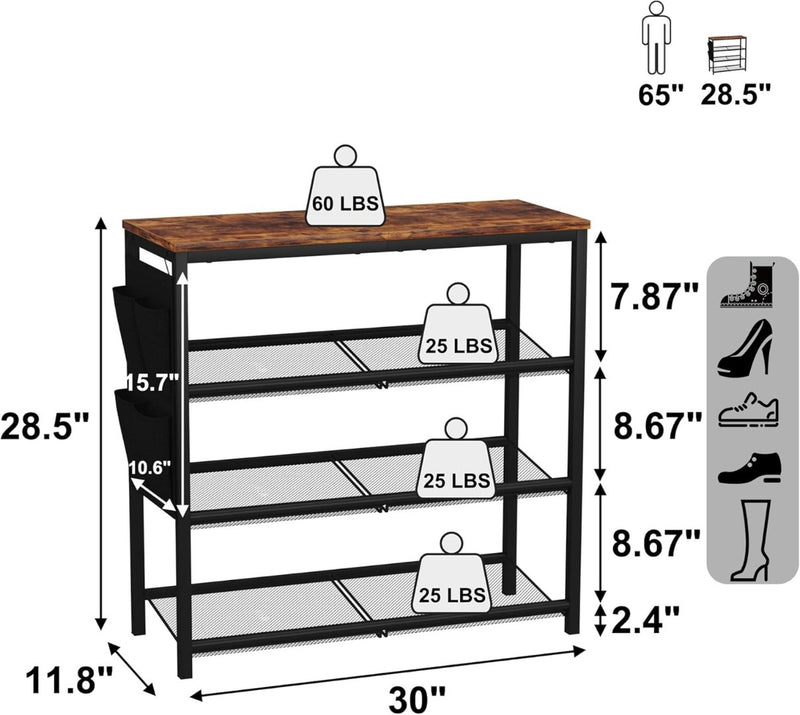 4-Tier Shoe Rack Adjustable Mesh Rustic Brown