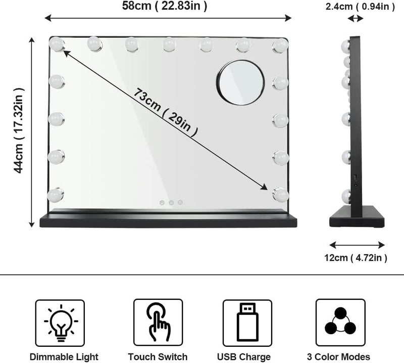 Makeup Mirror 15 Bulbs & USB Outlet 58 x 44cm