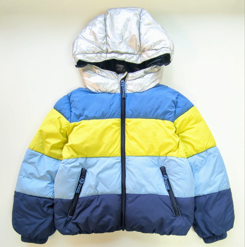 MINI BODEN Ultimate Padded Coat 7-8 Yrs Blue Silver Hooded Jacket PRELOVED B2459