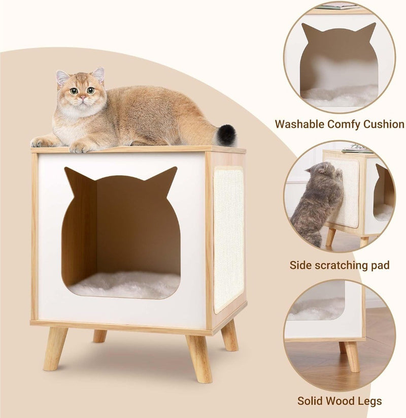 Wooden Cat House Cat Bed Indoor Cat Scratcher Condo TV-Shaped Cat Furniture Nigh