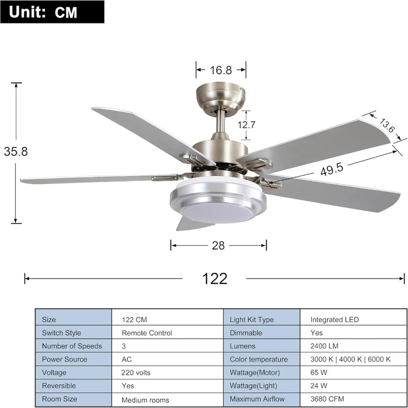 FINXIN Ceiling Fan with Lamp, Ceiling Fan with Light Brushed Nickel Ceiling Fans