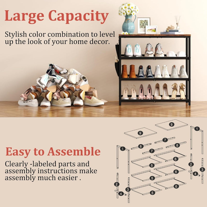 4-Tier Shoe Rack Adjustable Mesh Rustic Brown