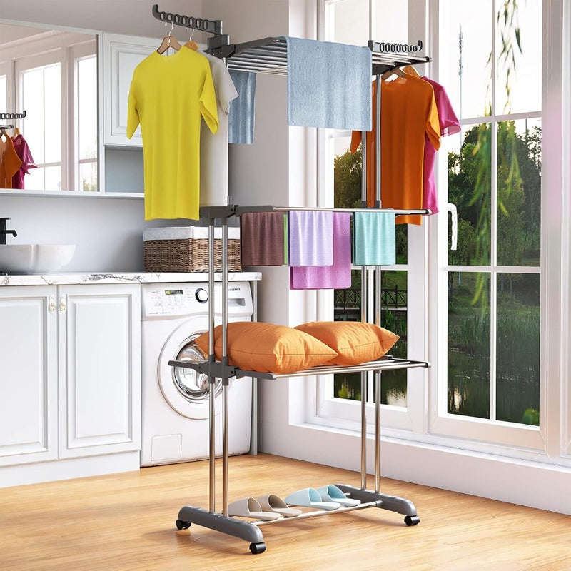 Clothes Drying Rack 4 Tier Foldable Rolling Stainless Laundry Dryer