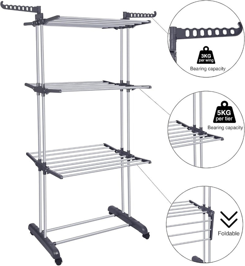 Clothes Drying Rack 4 Tier Foldable Rolling Stainless Laundry Dryer