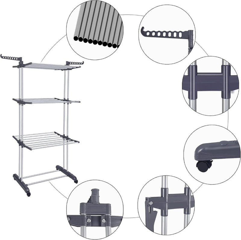 Clothes Drying Rack 4 Tier Foldable Rolling Stainless Laundry Dryer