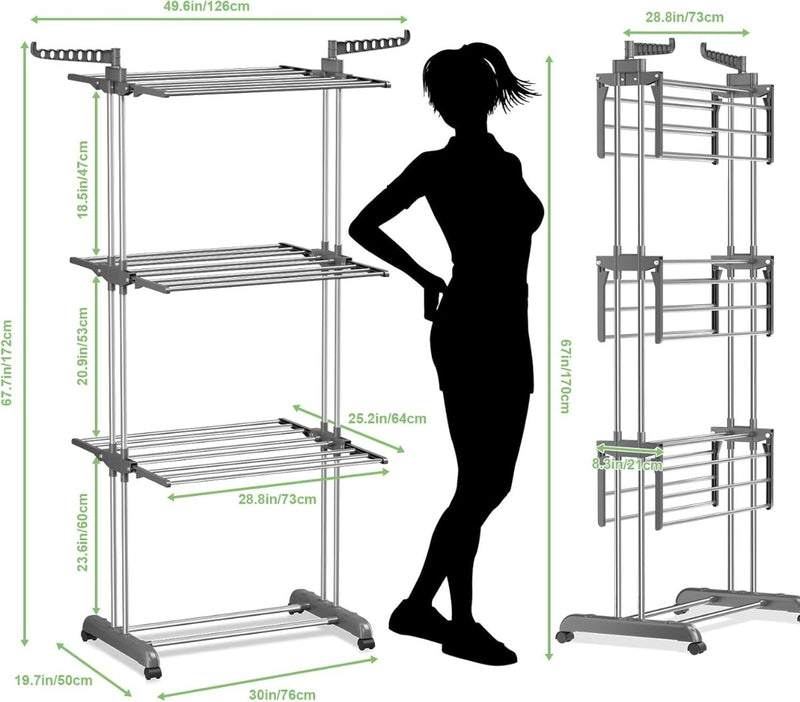 Clothes Drying Rack 4 Tier Foldable Rolling Stainless Laundry Dryer