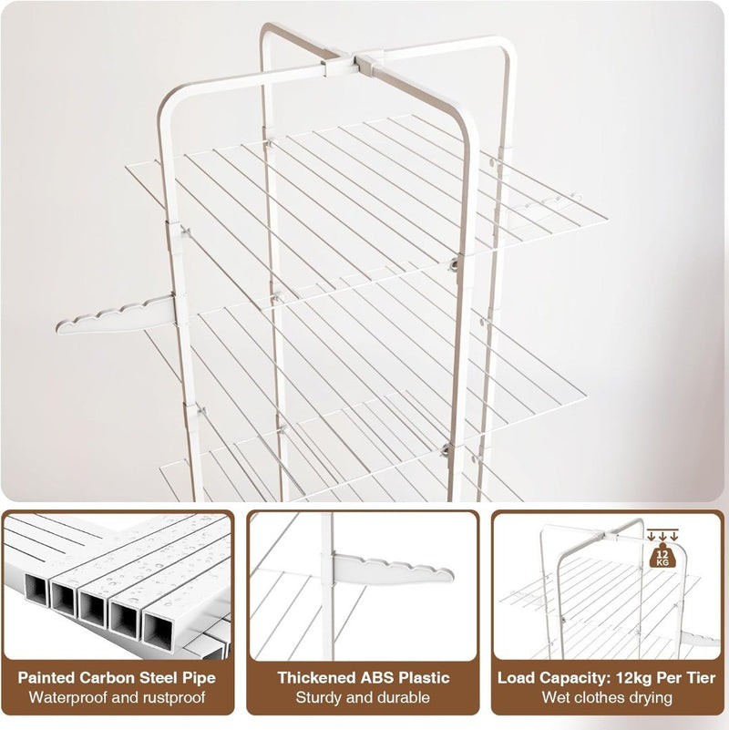 Clothes rack Square tube, 4 Tier Foldable Clothes Drying Rack Tower type