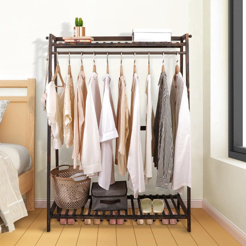 Clothing Rack with Shelves Wood Free Standing Storage Black