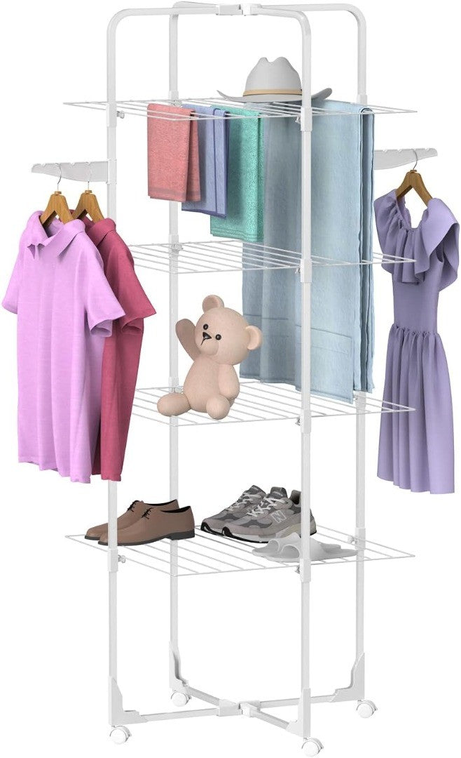 Clothes rack Square tube, 4 Tier Foldable Clothes Drying Rack Tower type