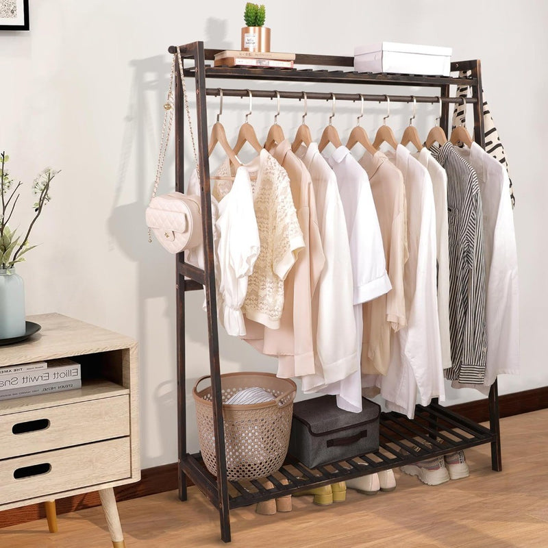 Clothing Rack with Shelves Wood Free Standing Storage Black