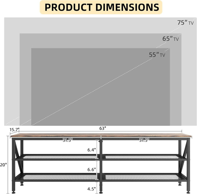 TV Stand 160cm Unit Mesh Shelves Rustic Brown