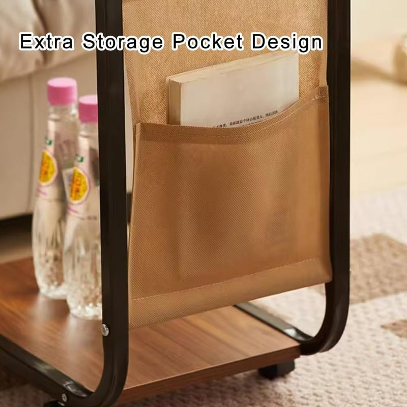 Sofa End Table C Shaped with Storage Bag Walnut