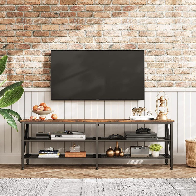 TV Stand 160cm Unit Mesh Shelves Rustic Brown