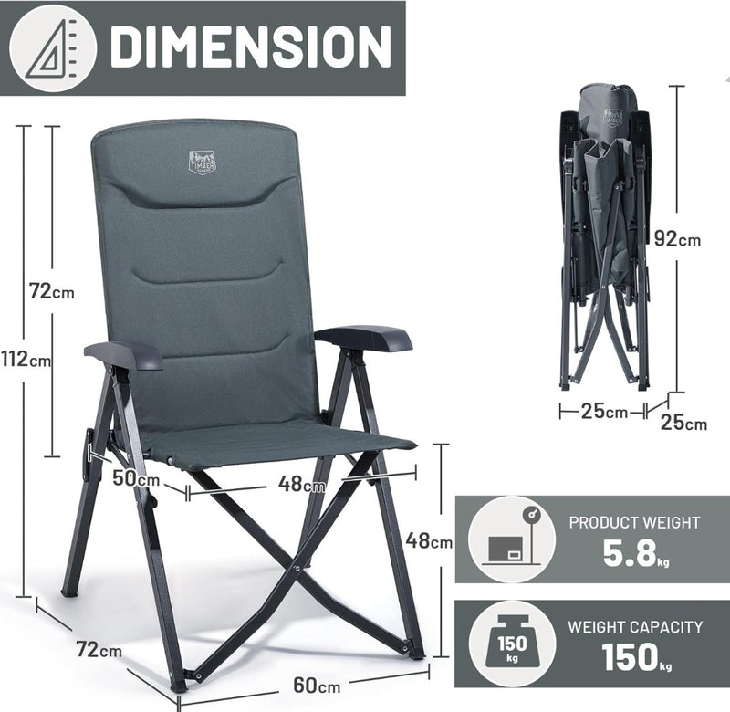 Camping Chair Heavy Duty Oversized Folding Grey