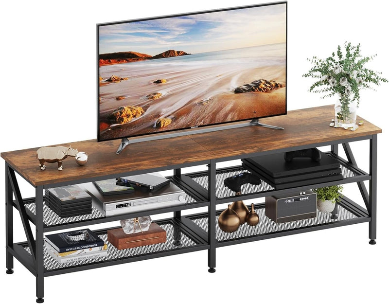 TV Stand 160cm Unit Mesh Shelves Rustic Brown