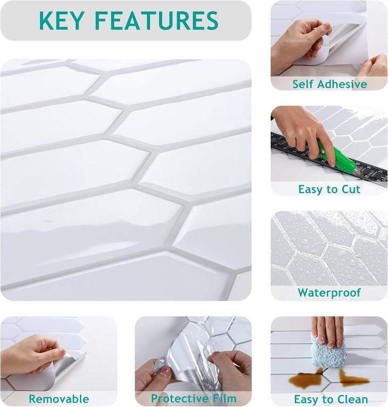 Adhesive Wall Tiles White Hexagonal