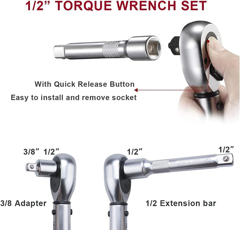 Torque Wrench Set - 1/2-inch Drive Click - Dual-Direction - Adjustable