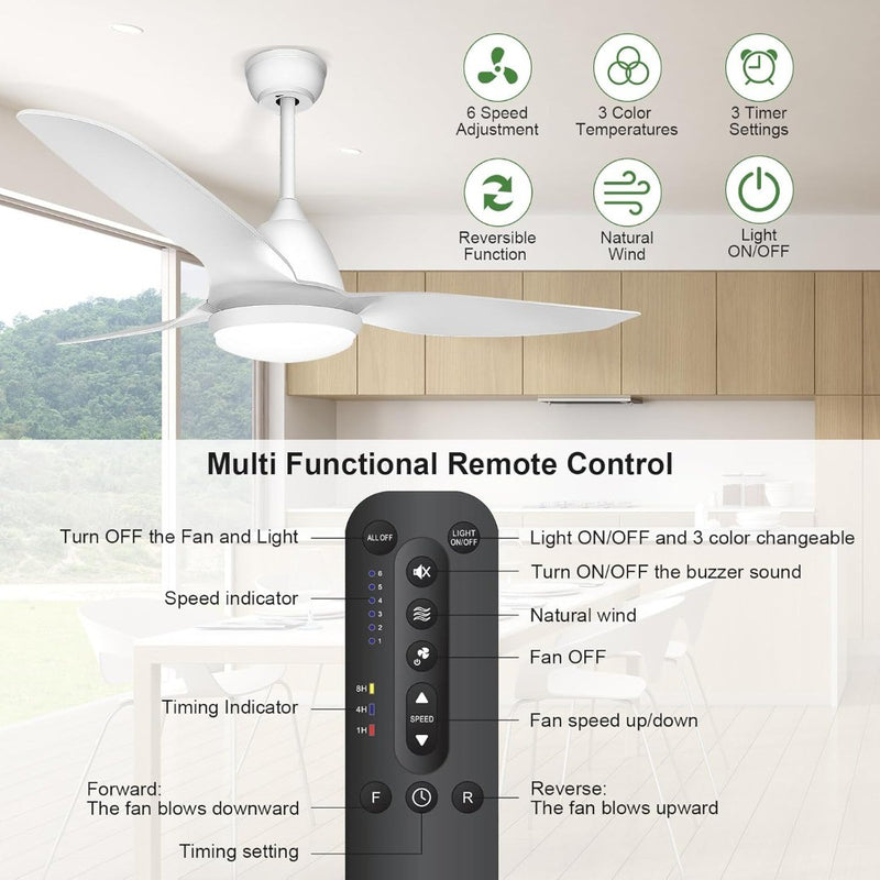 GLITI Ceiling Fan with Lighting and Remote Control, 60 W, 3 Colours, 6 Speed