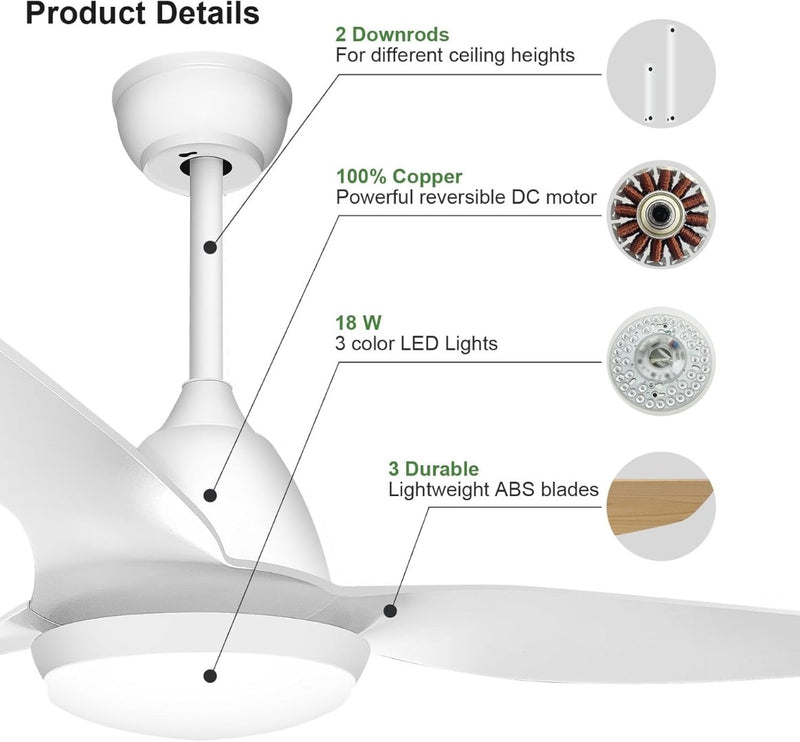 GLITI Ceiling Fan with Lighting and Remote Control, 60 W, 3 Colours, 6 Speed