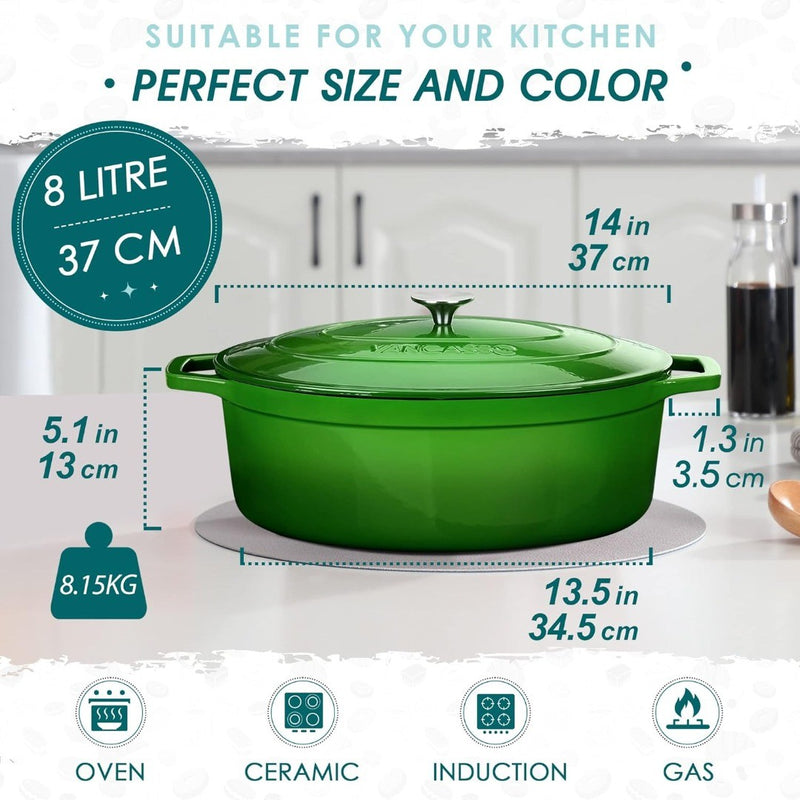 Cast Iron Pot,  Green Oval Enamelled Casserole Dish with Double loop handle