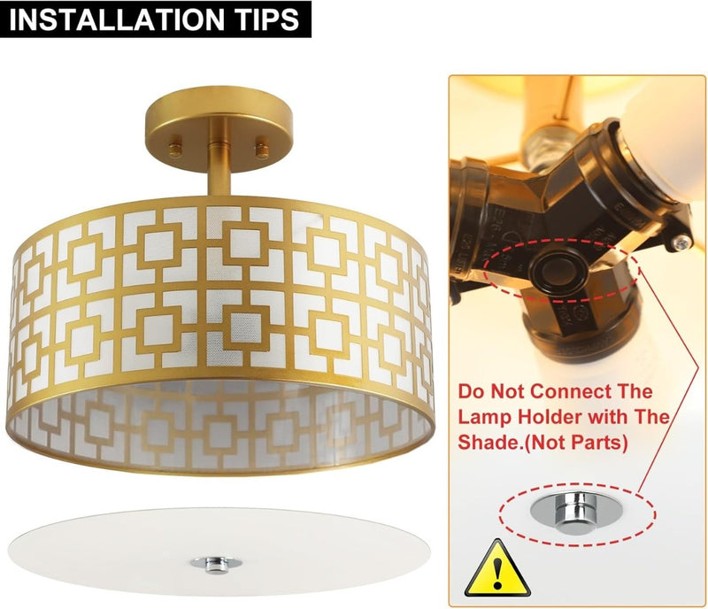 Stylish Semi Flush Mount Ceiling Lights,Gold Iron Drum Cover Pendant Lamp