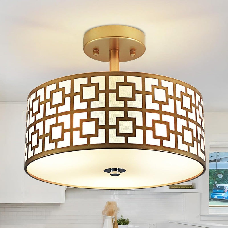 Stylish Semi Flush Mount Ceiling Lights,Gold Iron Drum Cover Pendant Lamp