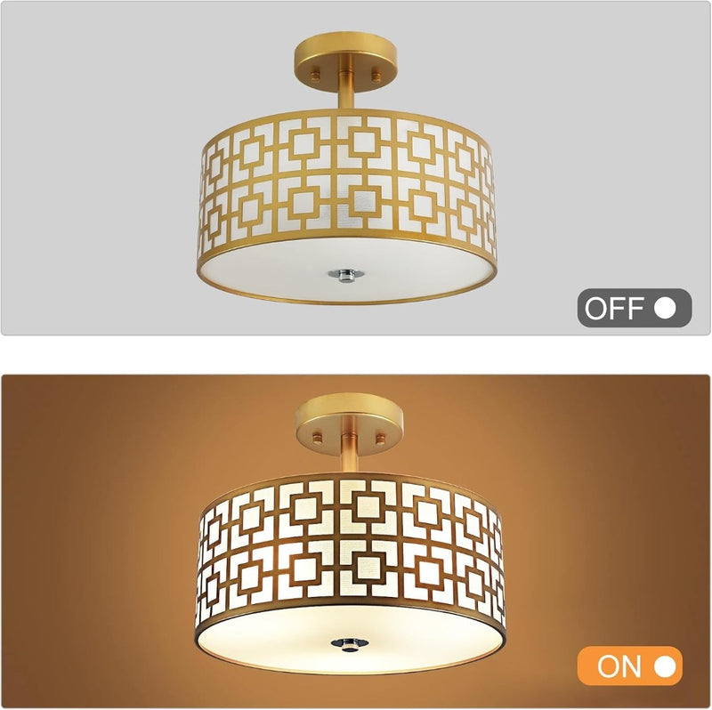 Stylish Semi Flush Mount Ceiling Lights,Gold Iron Drum Cover Pendant Lamp