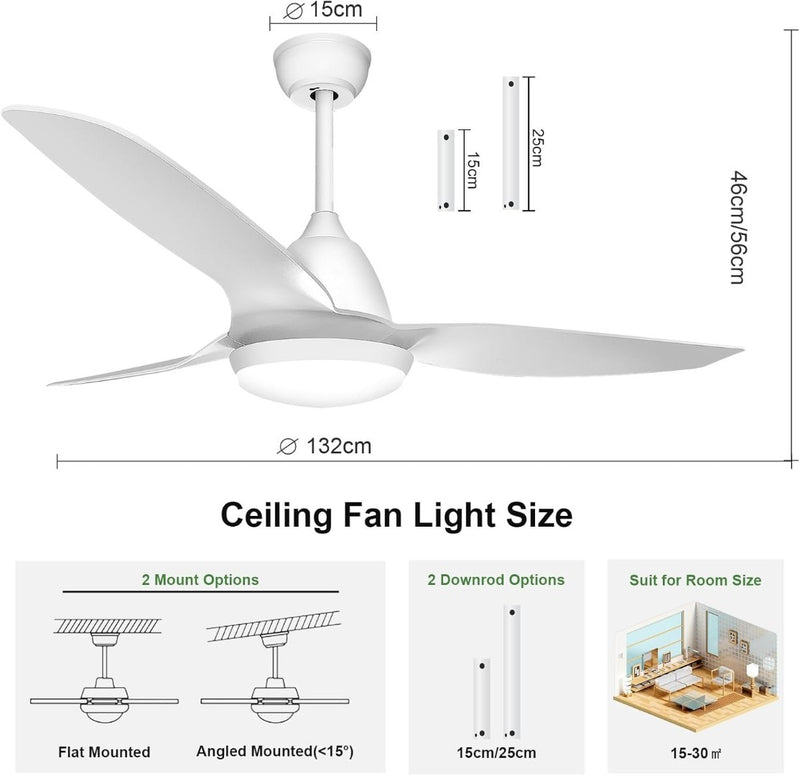 GLITI Ceiling Fan with Lighting and Remote Control, 60 W, 3 Colours, 6 Speed