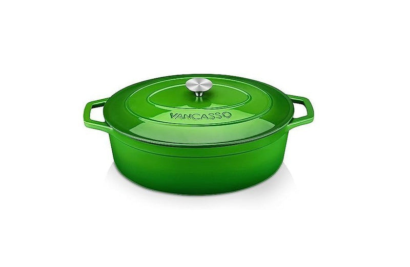 Cast Iron Pot,  Green Oval Enamelled Casserole Dish with Double loop handle